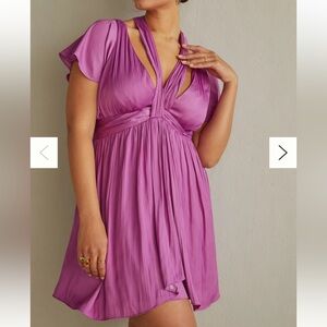 Anthropologie Vibrant Purple satin mini dress with deep v neck Y2K style
